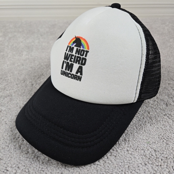 I'm not weird I'm a unicorn hat black white adjustable double snap strap NEW - Picture 2 of 5